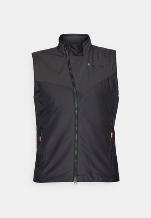 Zwarte geïsoleerde vest met hoge kraag, ritssluiting, zijzakken en gaasaccenten aan de voorkant. Lichtgewicht, slank design.