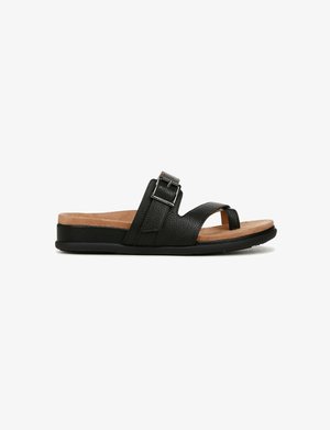 Sandales à glisser en cuir noir avec deux larges brides, un accent de boucle et une semelle intérieure texturée. Dispose d'une semelle en caoutchouc à profil bas.
