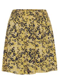 Jupe jaune avec motif floral abstrait noir, marron et blanc, design plissé et taille élastique.