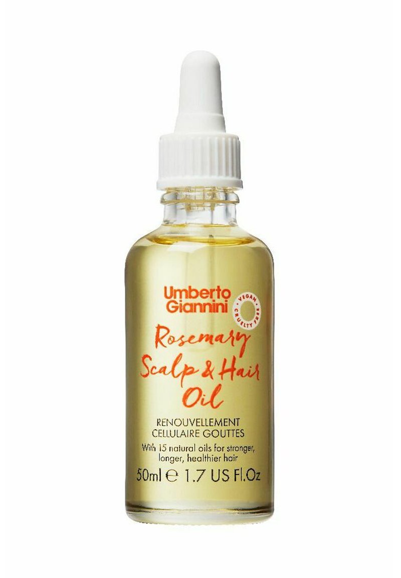 Umberto Giannini Rosemary Scalp & Hair Oil in een heldere glazen pipetfles, met een witte pipetdop en gouden vloeistof met rode tekst.