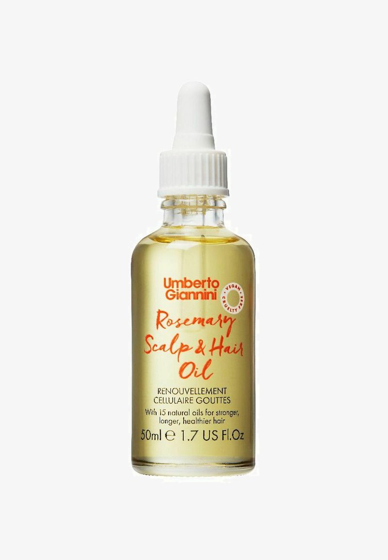 Umberto Giannini Rosemary Scalp & Hair Oil in een heldere glazen pipetfles, met een witte pipetdop en gouden vloeistof met rode tekst.