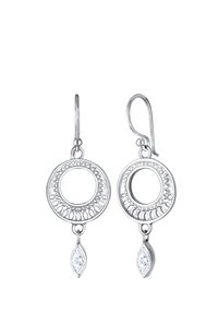 Silberohrringe mit kreisförmigen filigranen Designs und einem offenen Zentrum, akzentuiert durch einen tropfenförmigen Kristall in Marquise-Form.