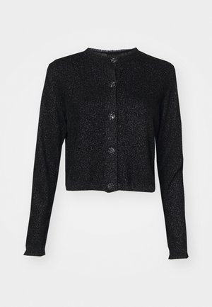 Czarny skrócony kardigan wykonany z błyszczącego materiału, z okrągłym dekoltem, długimi rękawami oraz czterema guzikami zapinającymi z przodu.