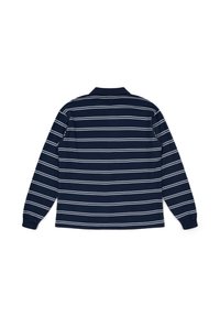 Long-sleeve polo shirt in navy with white horizontal stripes, featuring a collar and ribbed cuffs. Made of textured fabric.