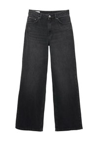 Jeans noirs à jambes larges avec bouton devant, fermeture éclair, passants de ceinture et design cinq poches sur fond blanc.