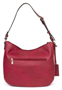 Borsa a tracolla in pelle rossa con finitura texturizzata, tasca con zip sul davanti e una sola tracolla regolabile. Presenta accenti in metallo dorato.