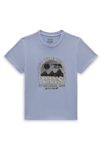 Camiseta de algodón color azul claro con un diseño gráfico en negro y dorado que presenta montañas y el texto "OFF THE WALL VANS ESTABLISHED 1966."