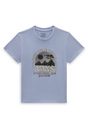 Helles blaues Baumwoll-T-Shirt mit einem schwarze und goldenen Grafikdesign, das Berge zeigt und den Text "OFF THE WALL VANS ESTABLISHED 1966".