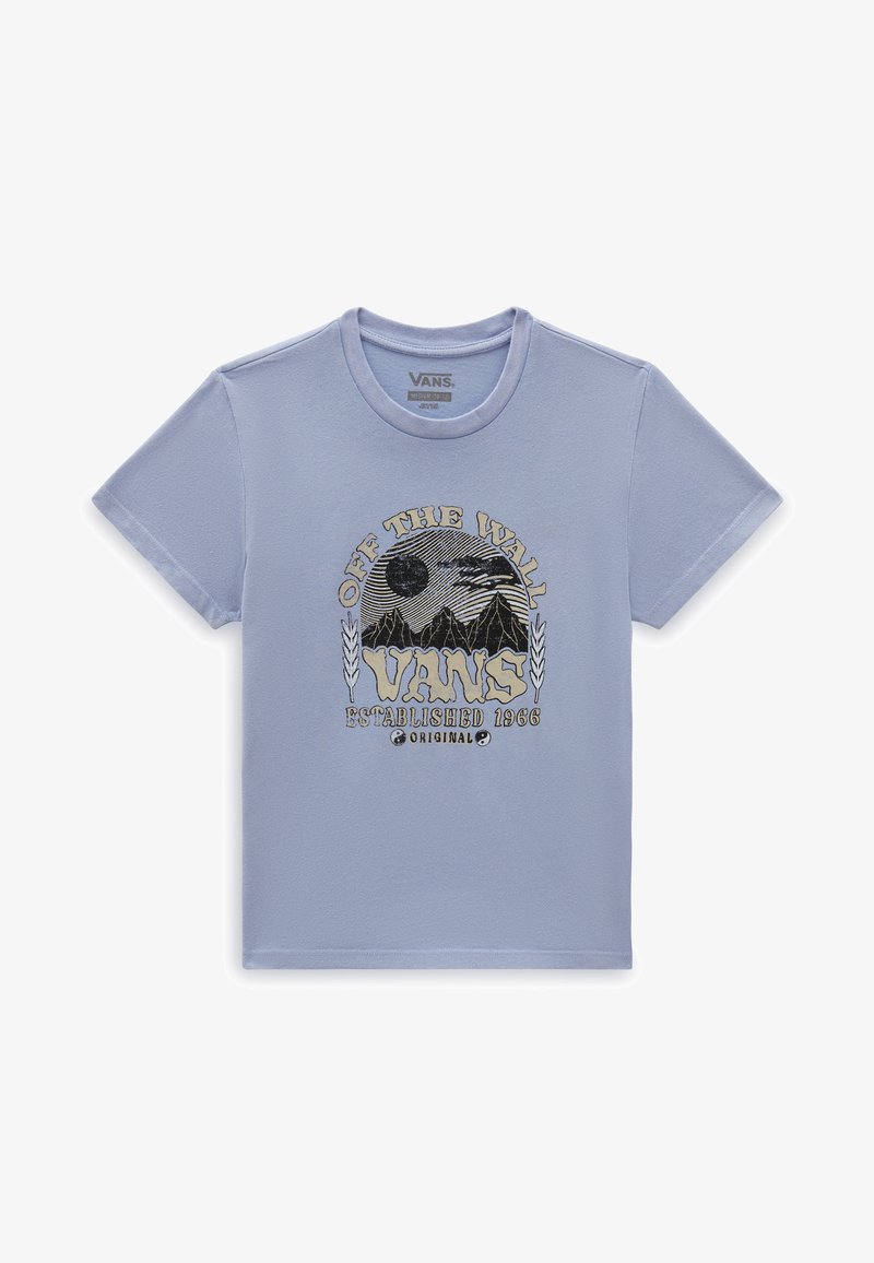 Světle modré bavlněné tričko s černým a zlatým grafickým designem s horami a textem "OFF THE WALL VANS ESTABLISHED 1966."