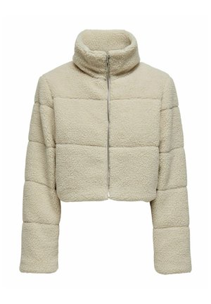 Chaqueta de forro polar corta de color crema con un alto cuello y cierre de media cremallera. Presenta un tejido texturizado y mangas anchas con costuras horizontales.