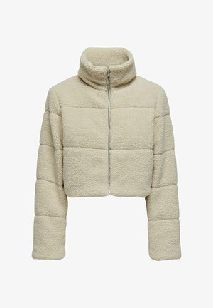 Korte, crème kleurige fleecejas met een hoge kraag en halve rits. Heeft een gestructureerde stof en brede mouwen met horizontale naden.