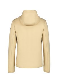 Lichtbeige hoodie, glad materiaal, aansluitend ontwerp met lange mouwen, minimalistische naden en een subtiele logo op de bovenste linkerkant.