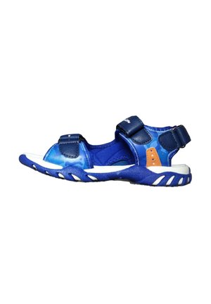Sandaletto per bambini blu e bianco con cinturini regolabili e accento arancione sul lato, progettato per l'uso all'aperto.