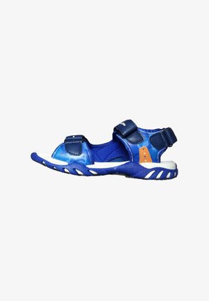 Sandaletto per bambini blu e bianco con cinturini regolabili e accento arancione sul lato, progettato per l'uso all'aperto.