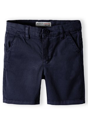 Shorts en coton bleu marine avec une texture lisse, poches avant et fermeture à bouton. Comprend des coutures surpiquées et une étiquette à la taille.