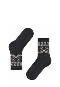 Gestrickte Socken in Dunkelgrau mit einem gemusterten Bündchen, das beige, weiße und schwarze Designs aufweist, weiche Textur und eine standardmäßige Form.