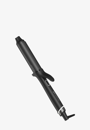 Zwarte krultang met klem, digitaal displayknop en draaibare snoer op een witte achtergrond.