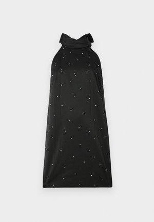 Black halter dress with a high neck, featuring silver dots throughout. Made of smooth fabric, it has a loose fit and minimal design details.