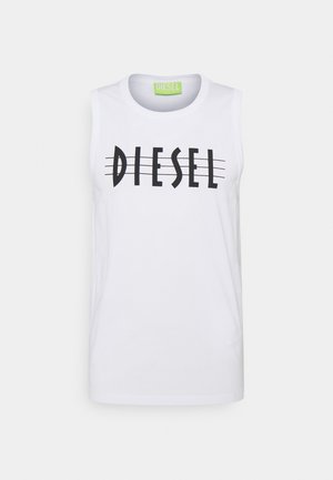 Witte mouwloze tanktop met zwarte "DIESEL" tekst en vijf horizontale lijnen die de letters in het midden voor kruisen.