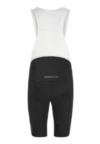 Zwart-witte fietsbroek met zeem en het logo "PROTEST CYCLING" op het onderste deel van de rug.