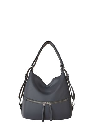 Dark gray leather handbag with a single strap, front horizontal zip pocket, and additional adjustable side straps.