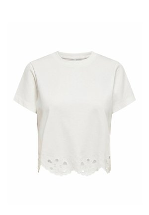 Hvit cropped topp med korte ermer, rund hals og blomstermotiv i hullete blonder langs kanten.