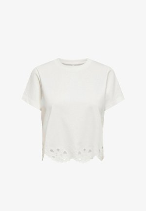 Witte cropped top met korte mouwen, ronde halslijn en bloemrijke uitgeknipte kanten details langs de zoom.
