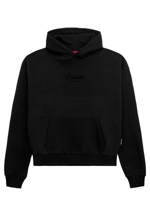 Black cropped hoodie featuring a front pocket, drawstring hood, and subtle embossed "Prohibited" logo on the chest. Soft material texture.