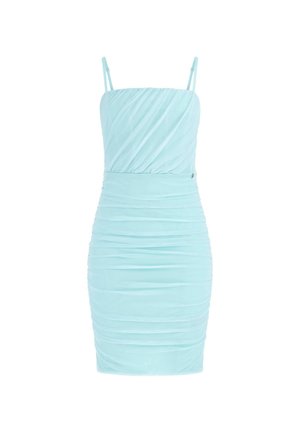 Vestido ajustado de color azul claro con finas tirantes ajustables; presenta detalles de fruncido y pliegues para dar textura; acabado de tela suave.