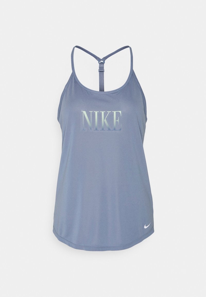 Sininen Nike-hihaton paita, jossa on kiiltävä "NIKE"-logo, säädettävät olkaimet ja kevyt, sileä rakenne. Pyöristetty helma alaosassa.