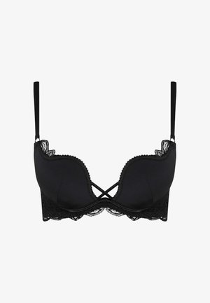 Black lace bra with underwire, padded cups, scalloped edges, and crisscross straps. Features floral lace detailing along the band.
