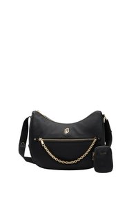 Borsa a tracolla nera in nylon con inserti dorati, dotata di una tasca frontale con zip e una piccola pochette staccabile. Accentatura a catena sul davanti.