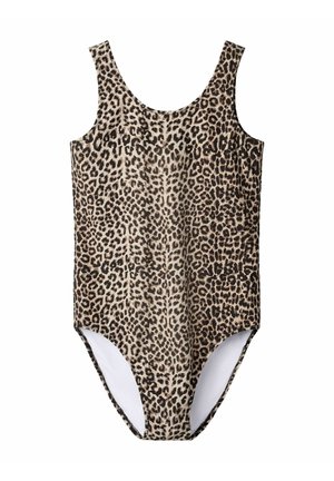 Ärmelloser Einteiler-Badeanzug mit Leopardenmuster in Braun-, Schwarz- und Beigetönen auf weißem Hintergrund.