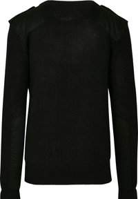 Pull noir en maille avec épaules et coudières matelassées, manches longues et poignets et ourlet côtelés.