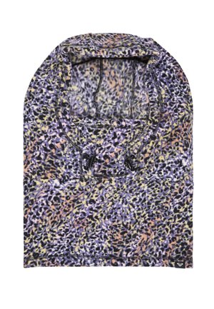 Fleece-Balaclava mit Leopardenmuster in Lila, Schwarz, Pfirsich und Gelbtönen, mit verstellbaren Kordeln und sichtbaren Nahtdetails.