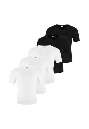 Fünf schlichte V-Ausschnitt Kurzarm-T-Shirts in einer Reihe, drei weiße vorne und zwei schwarze hinten auf weißem Hintergrund.