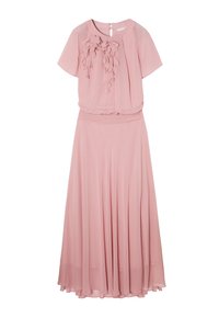 Langes pinkes Kleid mit kurzen Ärmeln, am Oberteil mit floralem Applizieren strukturiert, fließender Chiffonstoff und einem einfachen runden Ausschnitt.