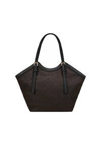 Bolso tote negro con tejido texturizado y acentos de cuero, que presenta dos asas robustas y una forma amplia y angular. Detalles de herrajes en tono dorado visibles.