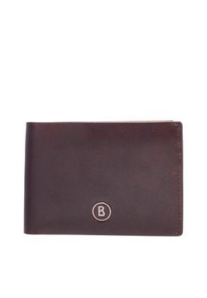 Portefeuille en cuir marron foncé avec un petit emblème métallique circulaire présentant la lettre B dans le coin inférieur droit devant.