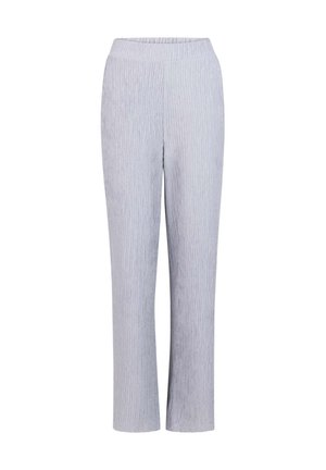 Hellgraue Ripp-Hose mit weicher Textur, ausgestattet mit einem elastischen Bund und geraden Beinen, geeignet für legere Anlässe.