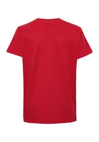 Rød bomulds t-shirt med korte ærmer, rund hals og en glat tekstur. Ensfarvet ryg uden yderligere design eller print.