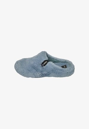 Blue fuzzy slippers with a soft, plush texture. Slip-on design and rubber sole. Tag visible on the side. No notable patterns or accents.