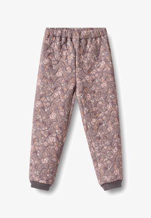 Quiltede bukser med elastisk talje og manchetter, med et detaljeret blomster- og bladmønster i dæmpede rosa og brune toner.
