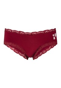 Hallonröda trosor med blommönstrad spets, en platt midja och en liten rosett detalj fram. Mjuk bomullstyg med ömtåliga detaljer.