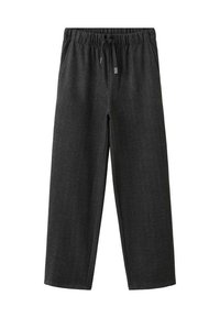 Tmavo-sivé nohavice s rybím vzorom, voľného strihu, s elastickým pásom a nastaviteľnou šnúrkou. Vyrobené z textúrovanej látky.