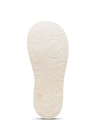 Semelle de chaussure en caoutchouc blanc avec un motif texturé de courbes et le logo "Naturino", comportant un accent circulaire près du talon indiquant la taille 20.