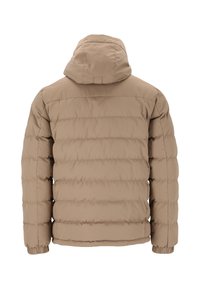 Beige puffjacka med huva, med horisontella sömmar, elastiska ärmslut och en slät, något blank tygstruktur.
