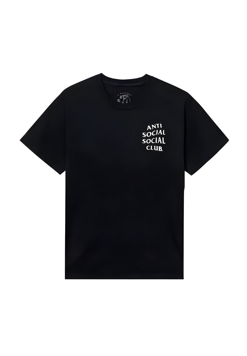 Czarna bawełniana koszulka z napisem "ANTI SOCIAL SOCIAL CLUB" w białym kolorze po lewej stronie. Klasyczny okrągły dekolt i krótkie rękawy.