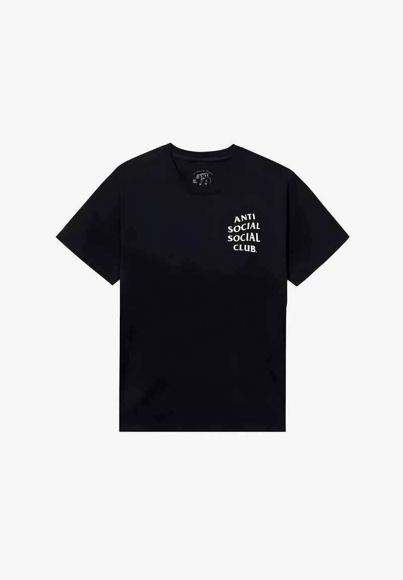 Czarna bawełniana koszulka z napisem "ANTI SOCIAL SOCIAL CLUB" w białym kolorze po lewej stronie. Klasyczny okrągły dekolt i krótkie rękawy.