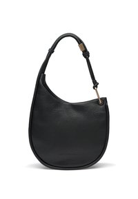 Czarna skórzana torebka na ramię o zakrzywionym kształcie, gładkiej fakturze oraz zabezpieczonym uchwycie z akcentem w kolorze złotym.